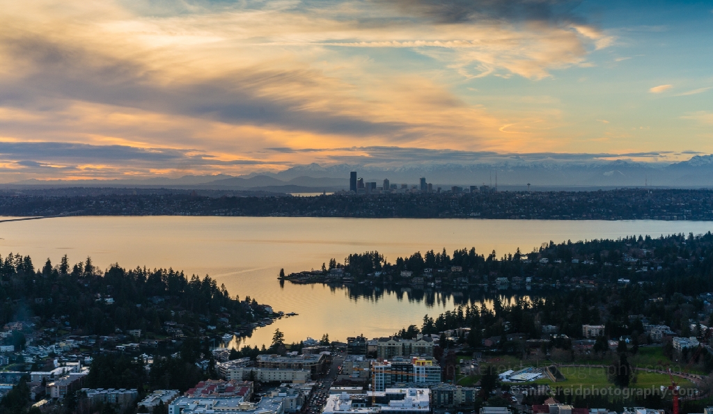 Aerial Lake WAshington SEattle Sunset